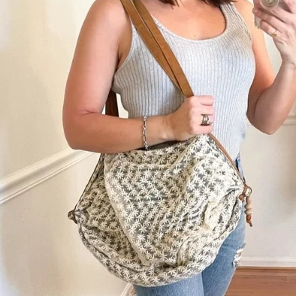 Anthropologie Cream Crochet Hobo Bag with Tan Leather Straps - Picture 2 of 7